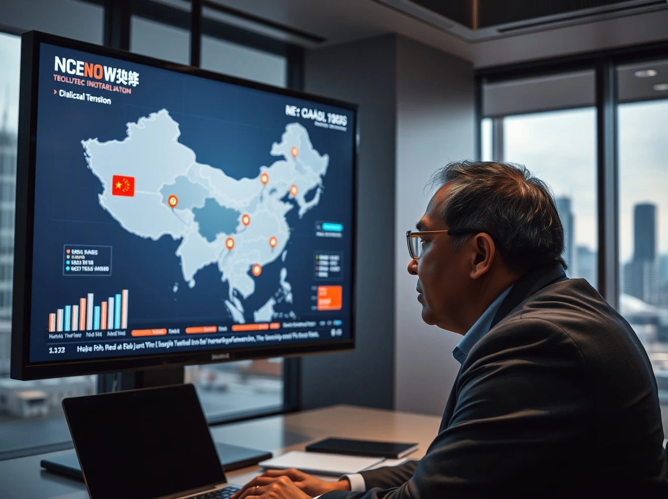 Financial analyst studying a digital screen showing China economic data and geopolitical tension markers