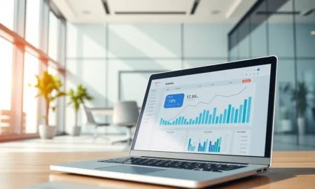 Modern corporate office interior with financial dashboard on a laptop, representing Ramp's spend management platform.