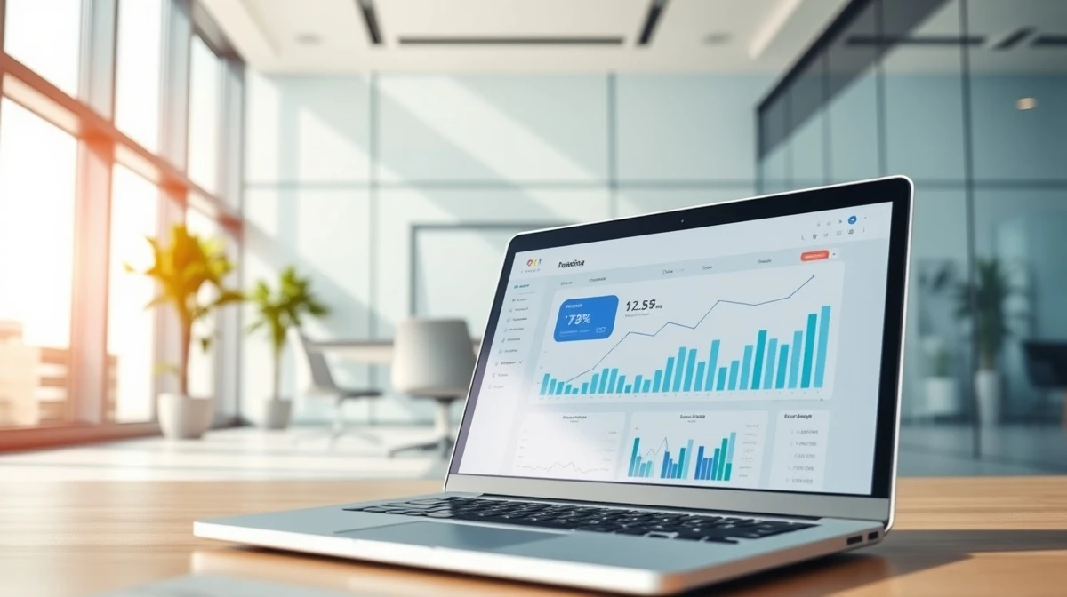 Modern corporate office interior with financial dashboard on a laptop, representing Ramp's spend management platform.