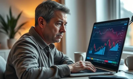 Retail investor at home desk looking at financial charts on laptop with concerned expression