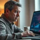 Retail investor at home desk looking at financial charts on laptop with concerned expression