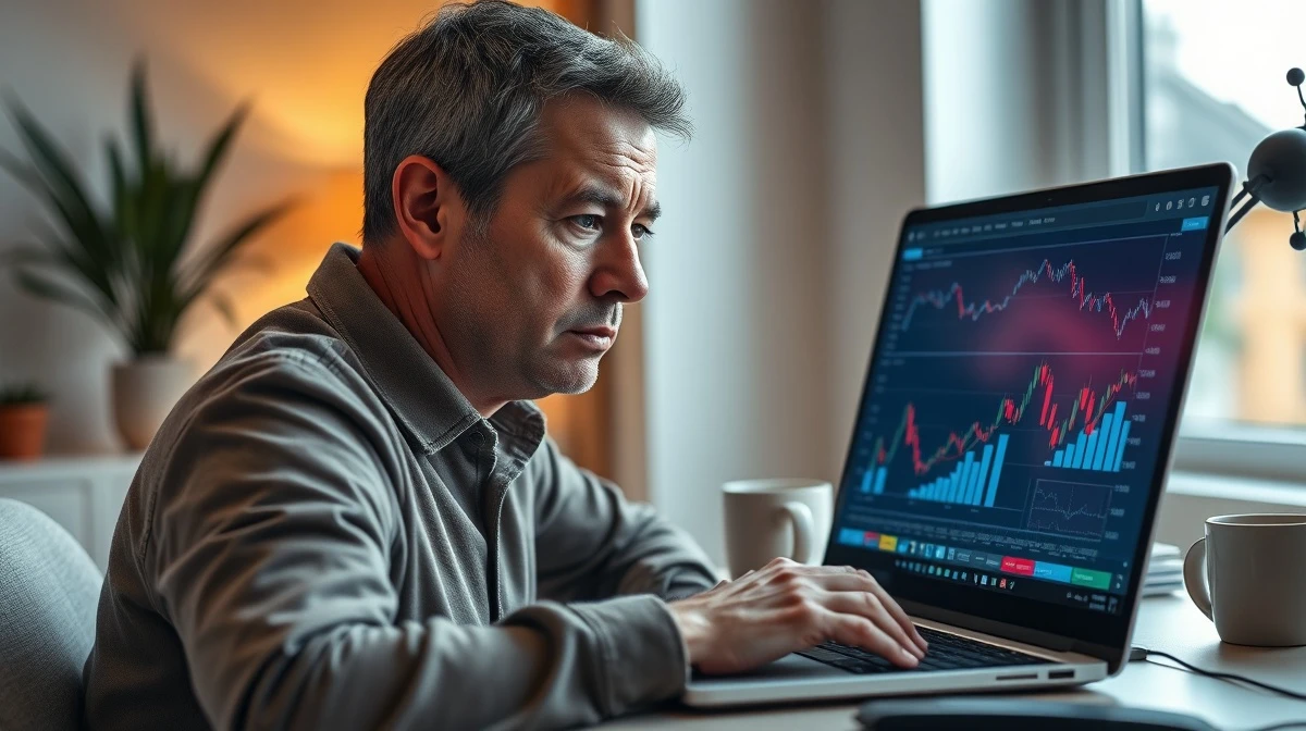 Retail investor at home desk looking at financial charts on laptop with concerned expression