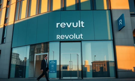 Modern Revolut building in a financial district during golden hour, symbolizing its move into private banking.