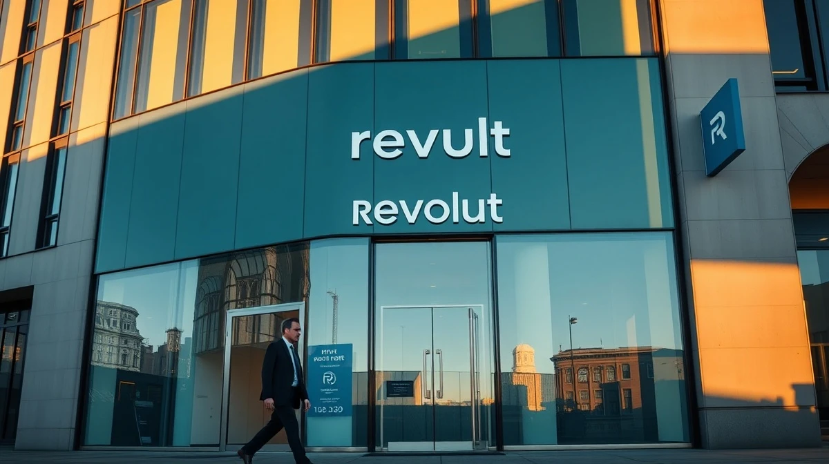 Modern Revolut building in a financial district during golden hour, symbolizing its move into private banking.