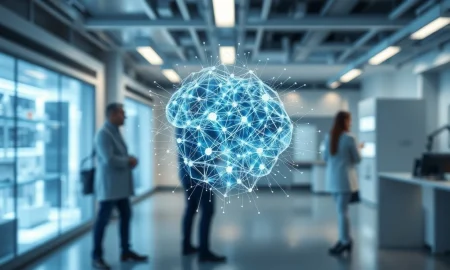 Holographic neural network model in a modern AI research lab representing recursive self-improvement