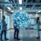 Holographic neural network model in a modern AI research lab representing recursive self-improvement