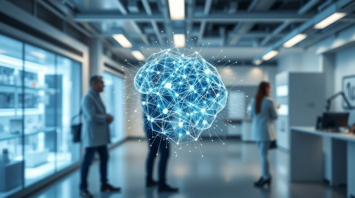 Holographic neural network model in a modern AI research lab representing recursive self-improvement