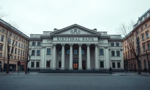 Riksbank building in Stockholm on a cloudy autumn day, representing Swedish monetary policy.