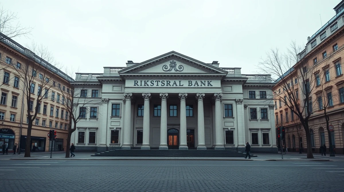 Riksbank building in Stockholm on a cloudy autumn day, representing Swedish monetary policy.