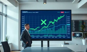Financial analyst reviewing XRP price chart and Ripple revenue data on a digital display in a modern office.