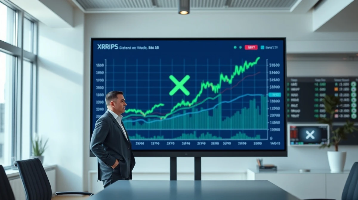Financial analyst reviewing XRP price chart and Ripple revenue data on a digital display in a modern office.