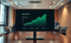Professional office setting with digital screen showing Ripple Prime lending chart and blurred business meeting in background