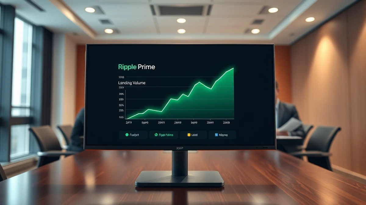 Professional office setting with digital screen showing Ripple Prime lending chart and blurred business meeting in background