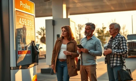 Family at gas station looking at high fuel prices with credit card in hand