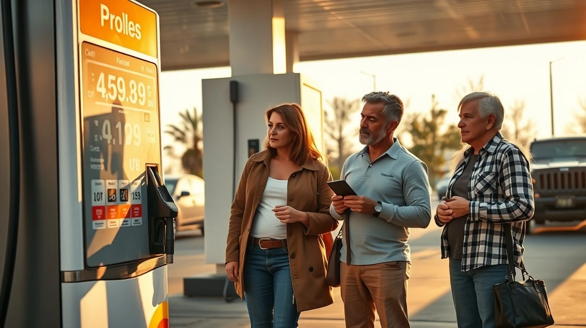 Family at gas station looking at high fuel prices with credit card in hand