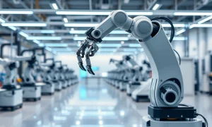 Industrial robotic arm in a modern factory setting, representing Mind Robotics' automation technology
