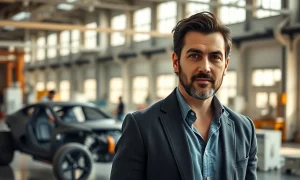 RJ Scaringe standing in a modern factory setting with an electric vehicle chassis in the background