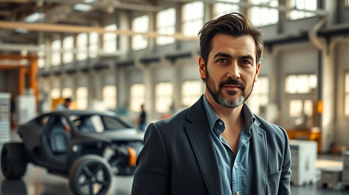 RJ Scaringe standing in a modern factory setting with an electric vehicle chassis in the background