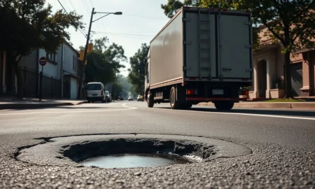 Commercial truck with mounted camera driving past a pothole on a city street