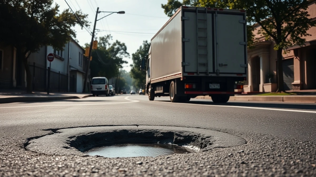 Commercial truck with mounted camera driving past a pothole on a city street