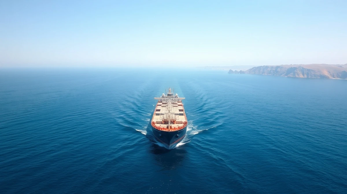Oil tanker sailing through the Strait of Hormuz with coastline in background under bright daylight.