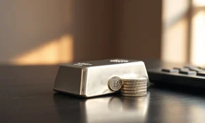 Close-up of silver bars and coins on a desk with natural light highlighting metallic shine