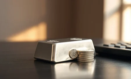 Close-up of silver bars and coins on a desk with natural light highlighting metallic shine