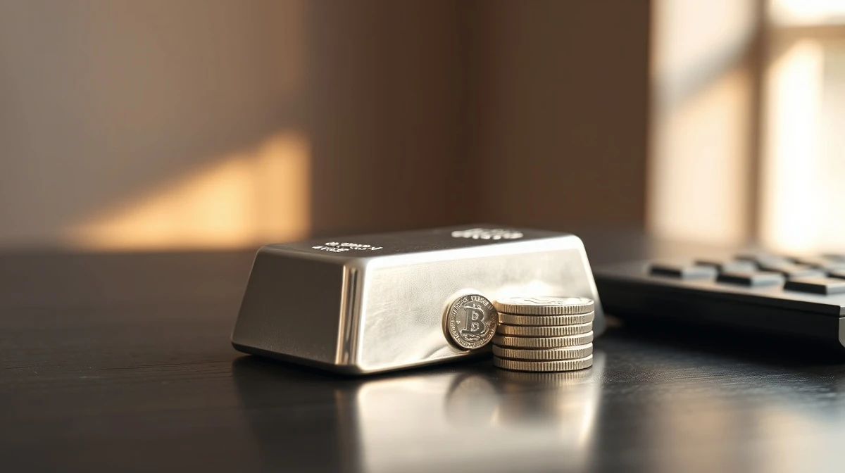Close-up of silver bars and coins on a desk with natural light highlighting metallic shine