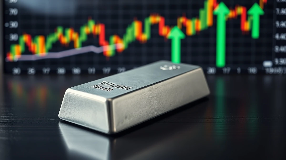 Silver bullion bar on dark wood with financial charts in background