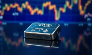 Silver bar on reflective surface with market charts in background