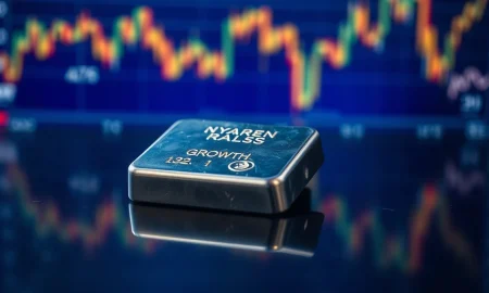 Silver bar on reflective surface with market charts in background