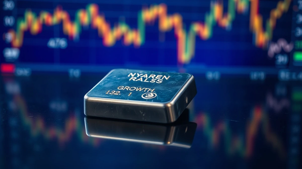 Silver bar on reflective surface with market charts in background