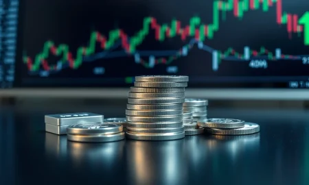 Silver bullion coins and bars on reflective surface with bullish market chart in background