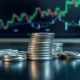 Silver bullion coins and bars on reflective surface with bullish market chart in background