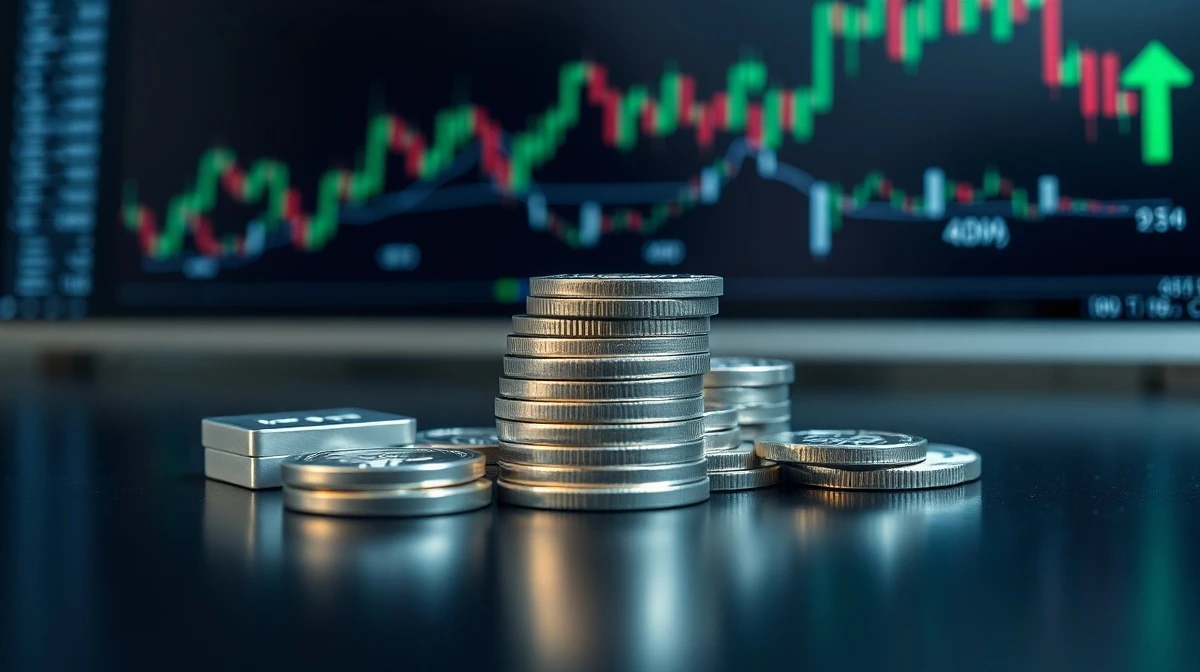 Silver bullion coins and bars on reflective surface with bullish market chart in background