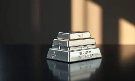 Stack of silver bullion bars on a dark surface with soft lighting.