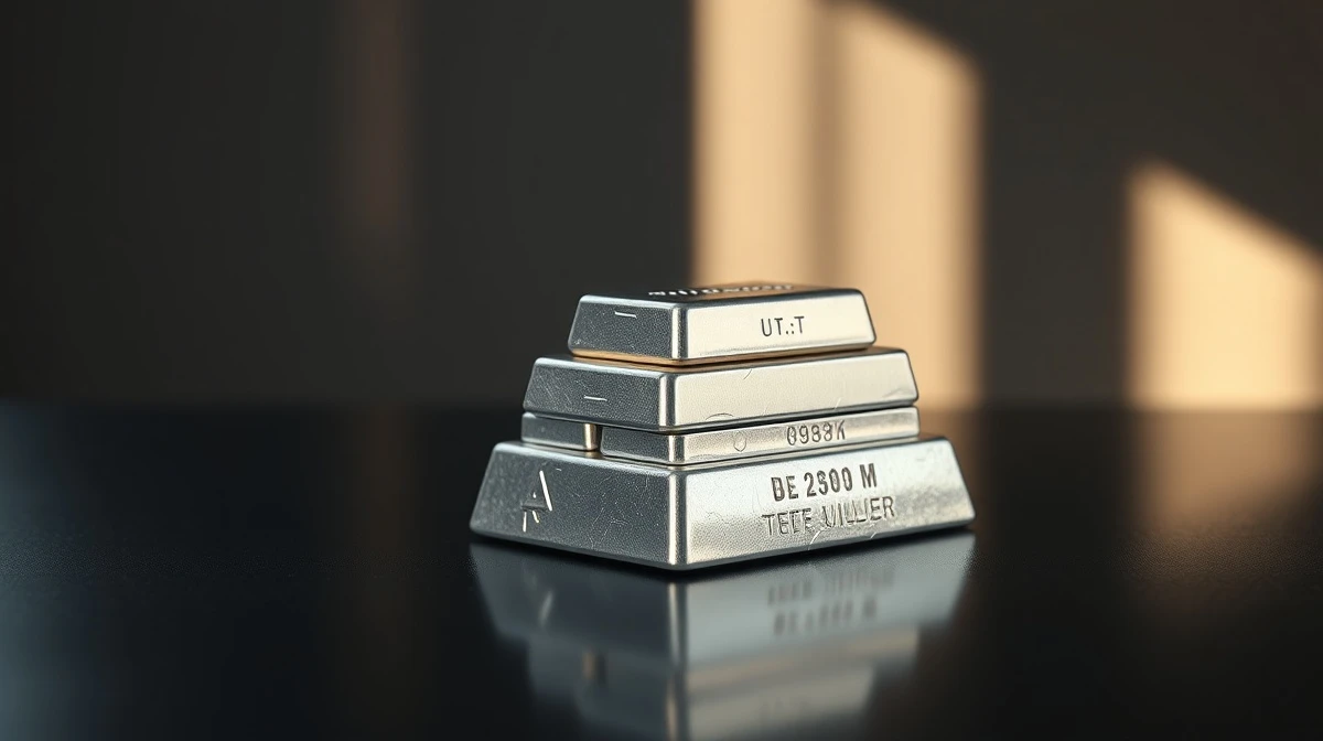 Stack of silver bullion bars on a dark surface with soft lighting.