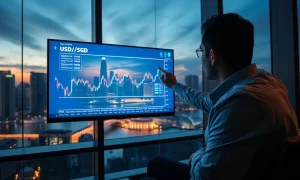Financial analyst reviewing USD/SGD chart in Singapore office with skyline view