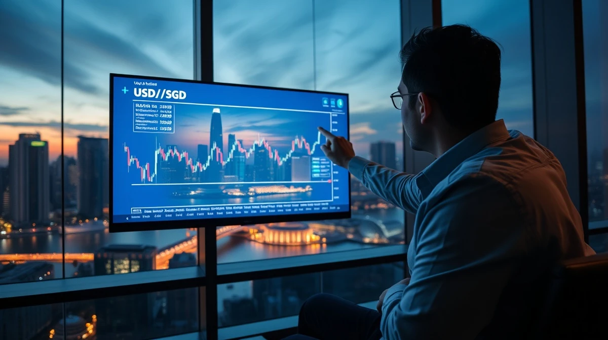Financial analyst reviewing USD/SGD chart in Singapore office with skyline view