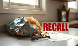 Bag of snack mix and recall notice on a kitchen counter