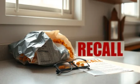 Bag of snack mix and recall notice on a kitchen counter
