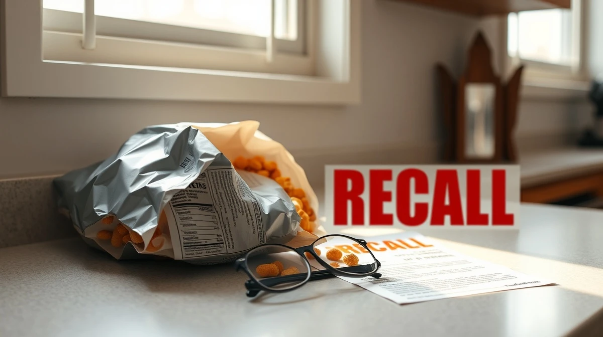 Bag of snack mix and recall notice on a kitchen counter