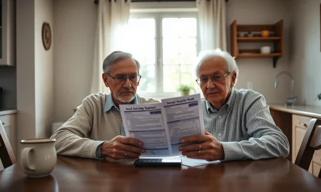 Older couple reviewing Social Security documents at a kitchen table with a calculator