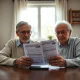 Older couple reviewing Social Security documents at a kitchen table with a calculator