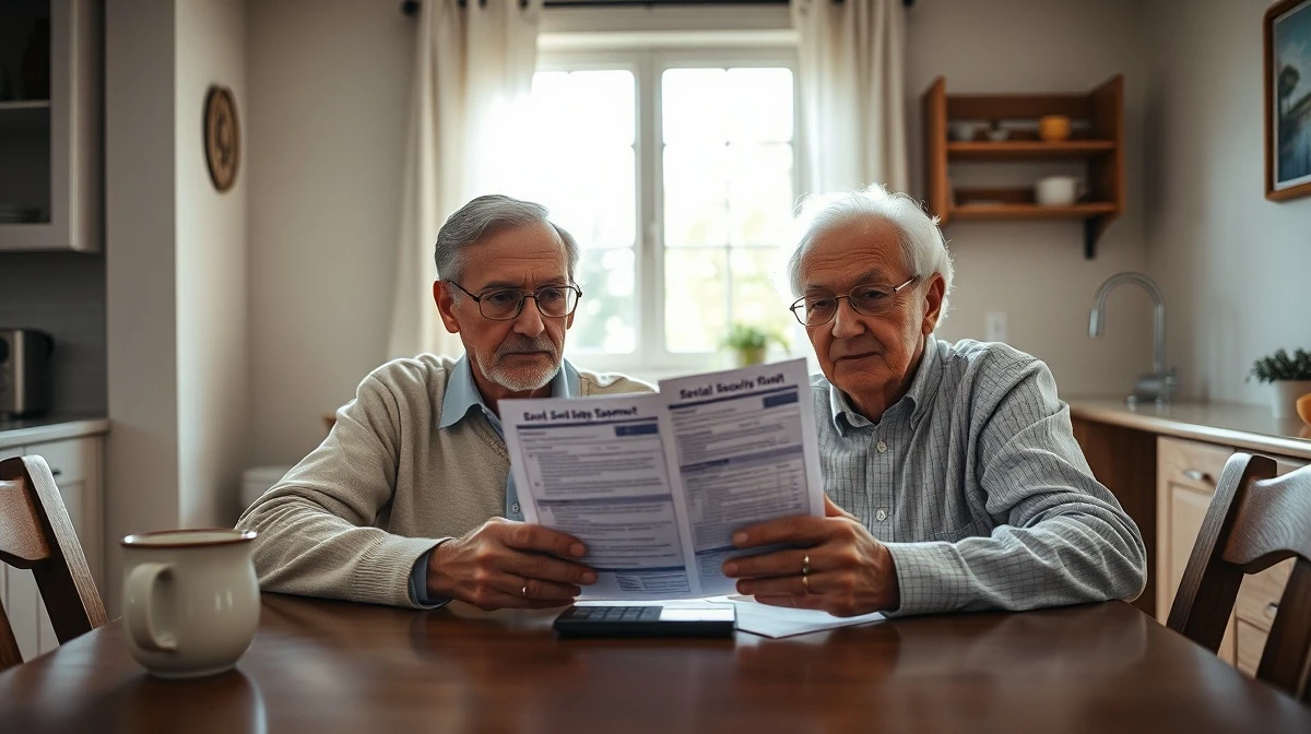 Older couple reviewing Social Security documents at a kitchen table with a calculator
