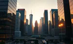 Modern city skyline at sunset with digital overlay representing blockchain and real-world asset tokenization on Solana.