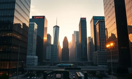 Modern city skyline at sunset with digital overlay representing blockchain and real-world asset tokenization on Solana.