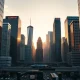 Modern city skyline at sunset with digital overlay representing blockchain and real-world asset tokenization on Solana.