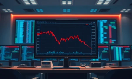 Cryptocurrency trading chart showing a sharp decline in red, representing the Solana token market cap loss.