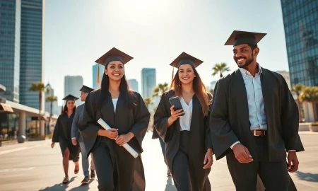 Recent college graduates in caps and gowns walking in a sunny Southern city plaza with a modern skyline in the background